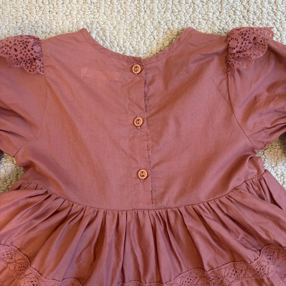 Noralee Genevieve Dress in Poppy Pink Lace Size 2 | Tiered Cotton Kids Girly